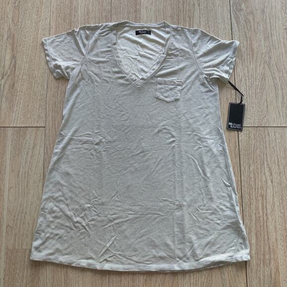 Michael Lauren Revolve V-Neck Striped White Black T-Shirt Dress L Short Sleeve - Picture 6 of 9
